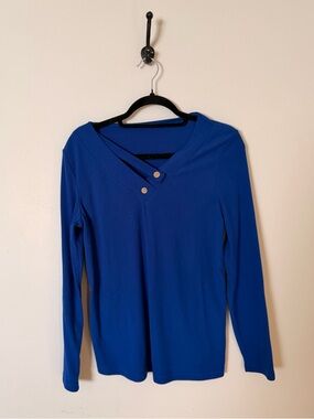 Women's Blue Long Sleeve V-Neck Top with Button Detail